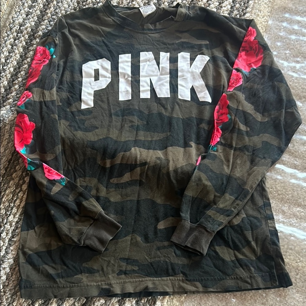 PINK Camouflage Long Sleeve Shirt with Floral Accents  gently used size XS